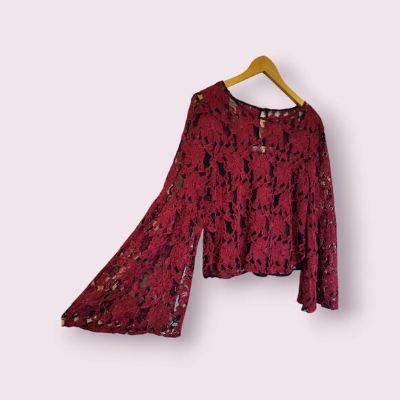 Cupcakes and Cashmere Dark Red/Black Lace Chiffon Top Bell Sleeve Layered SMALL - Picture 3 of 8